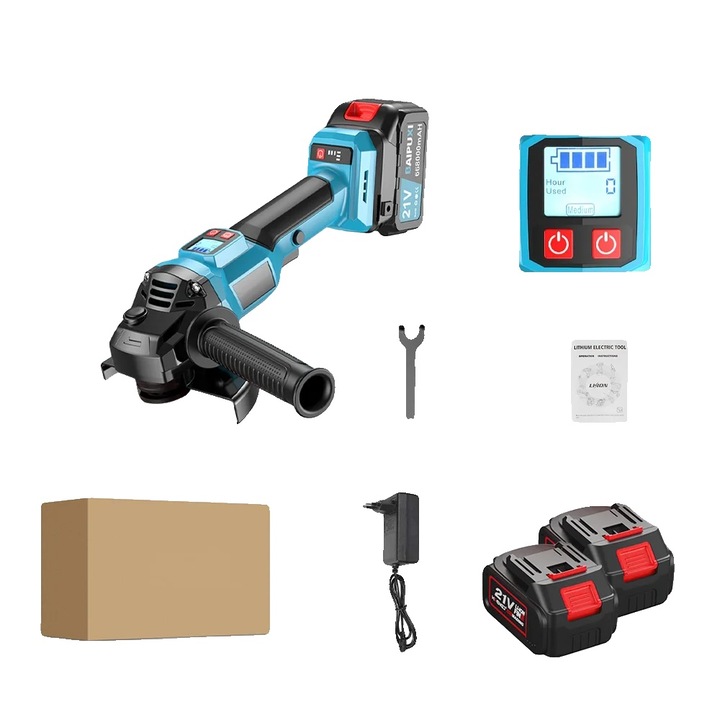 Polizor unghiular, motor fara perii, performanta ridicata, set 2 baterii, metal, dimensiuni compacte