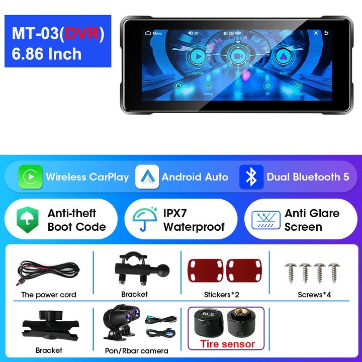 Motorkerékpár monitor, MT03 DVR, vezeték nélküli csatlakozás, HD kamerák, 6.86 hüvelyk, IPX7 vízálló