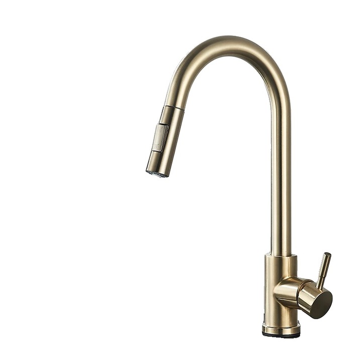 Csaptelep, modern design, kihúzható kifolyócső, szálcsiszolt arany, munkalapra szerelhető