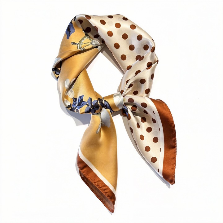 Дамски винтидж полиестерен шал жълто-кафяв 70х70см с флорален принт