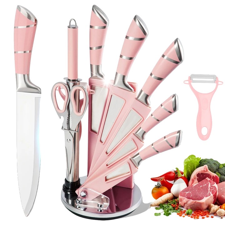 Set de cutite de bucatarie, 9 piese, calitate profesionala, roz