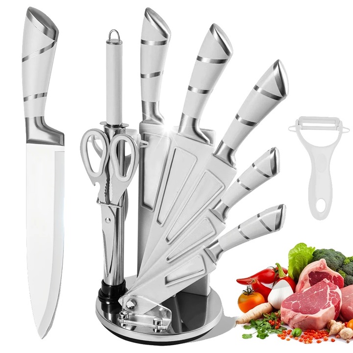 Set de cutite de bucatarie, 9 piese, design ergonomic, alb