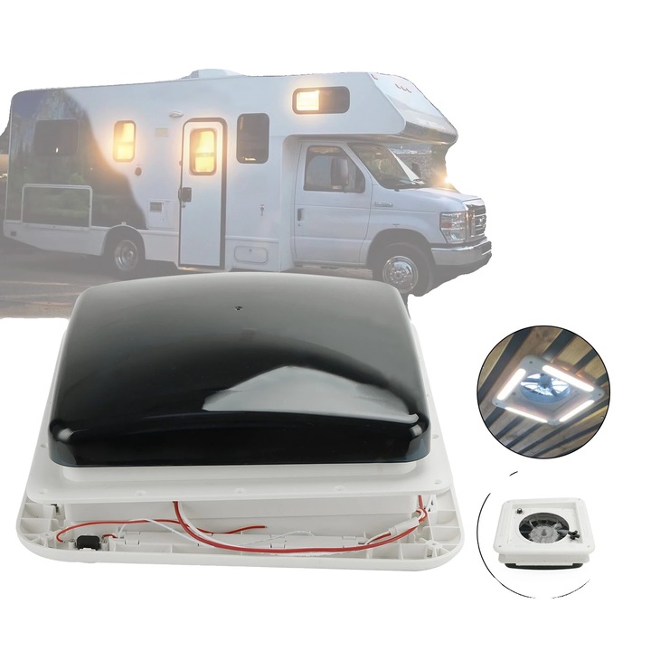Ventilator de acoperis pentru RV, 11 inch, motor cu 3 viteze, alimentare 12V DC, lumina LED integrata, instalare usoara