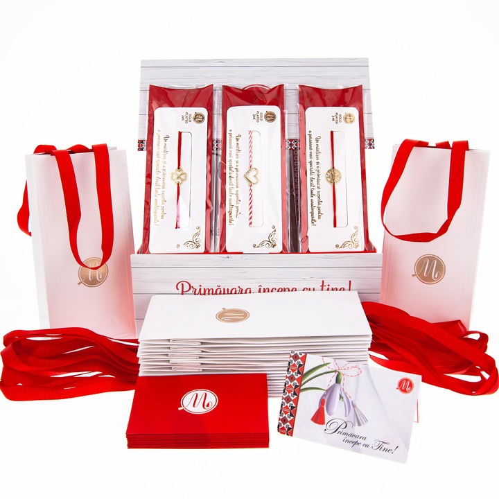 Box Martisoare 12 buc. - Bratara Red, Alb-Rosu Gold Plated Alpha