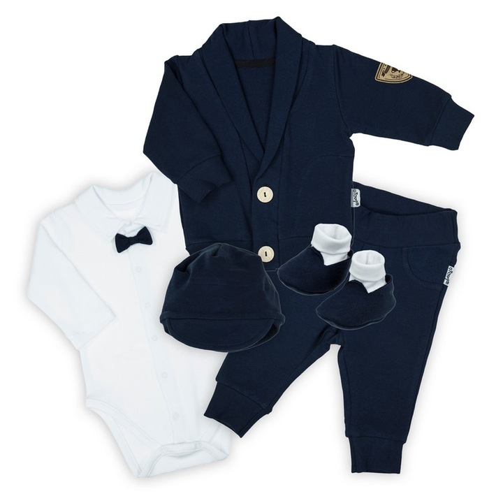 Set pentru sugari NICOL, body lungi alb, hanorac, pantaloni, sapca, pantofi, albastru marin, 56 cm