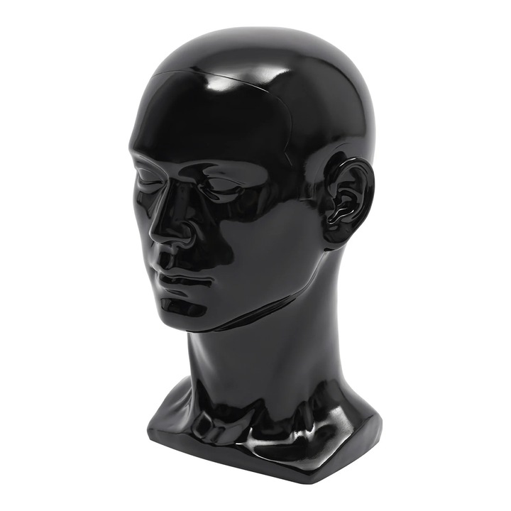 Cap manechin barbat, cap display PVC pentru peruci, inaltime 30 cm, circumferinta 50 cm, greutate 0, 7 kg, negru lucios