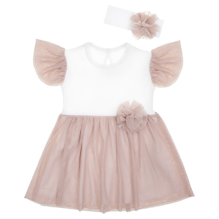 Kislány szett, NICOL, rövid ujjú ruha és bugyi, fehér-bézs, 100% pamut, 100% poliészter