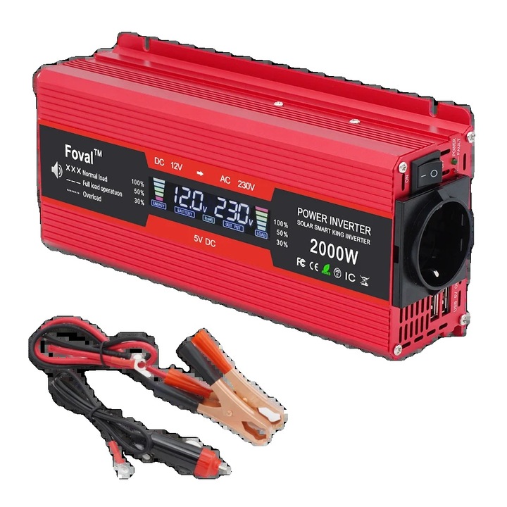 Autó inverter, 12V 220V 2000W, európai aljzat, kompakt, nagy hatásfokú