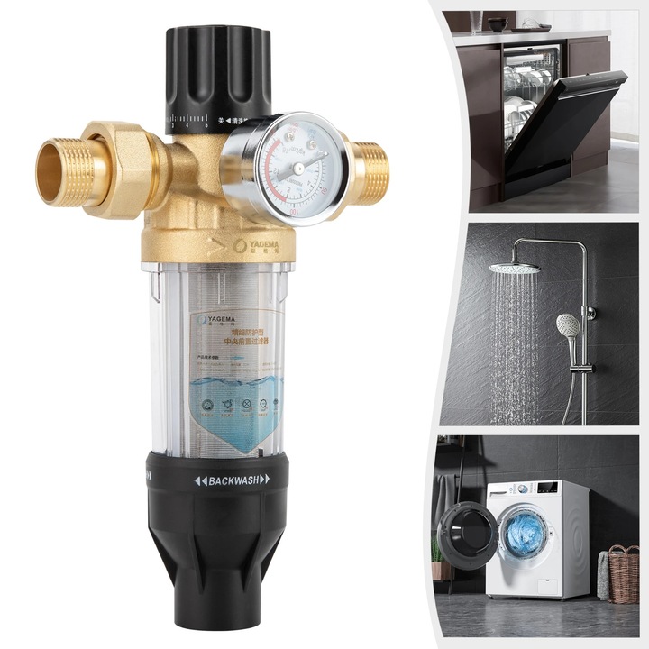 Filtru de apă, reutilizabil, alb, 40 m, cu manometru, pentru apă de puț și de la robinet