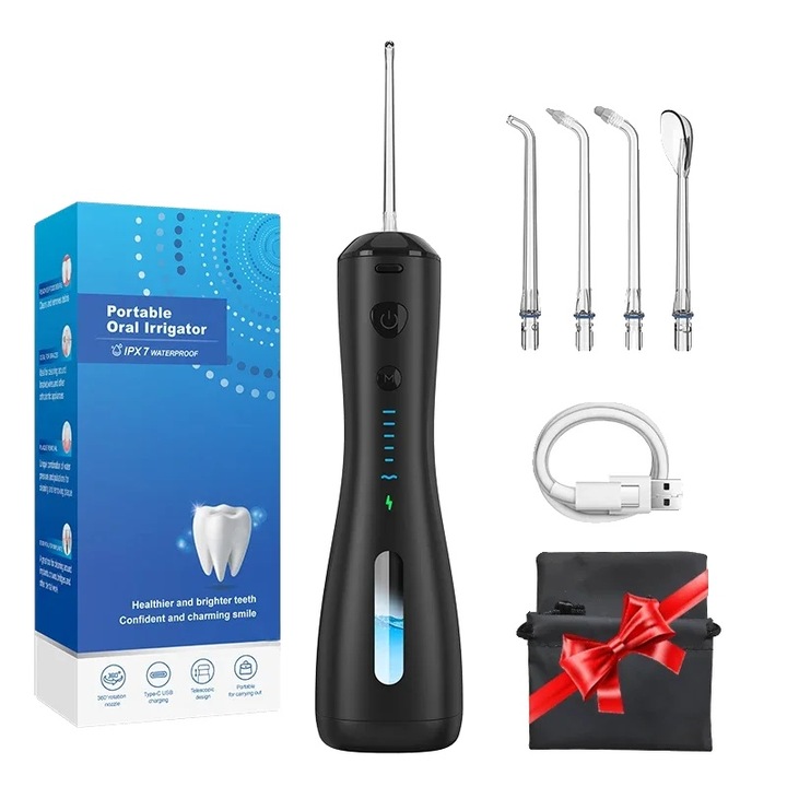 Hordozható szájzuhany, 3 állítható mód, 240ML, fekete