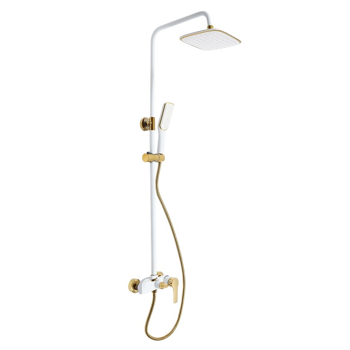 Set de dus montat pe perete, combinatie dus cu efect de ploaie si dus manual, Alb si Aur, 3 moduri de apa, ajustabil 85-125 cm