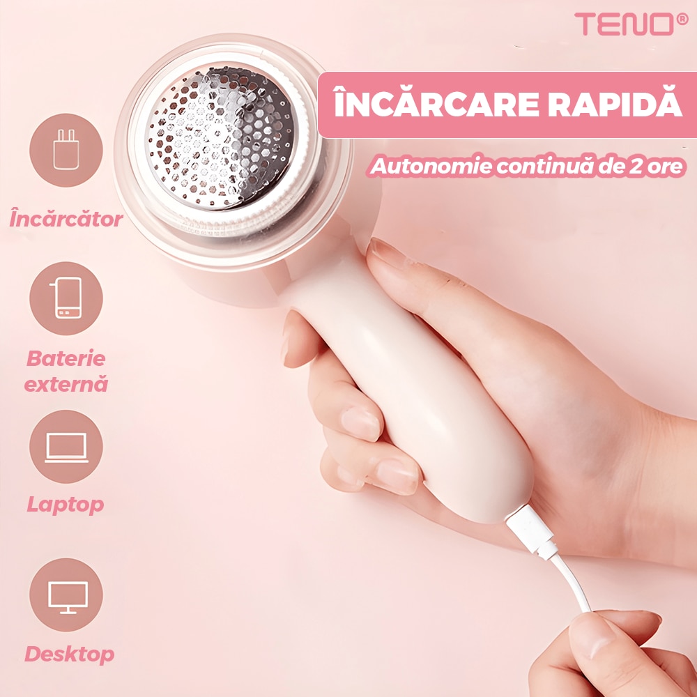 Aparat de curățat scame Teno, putere ridicată, roz, mâner ergonomic