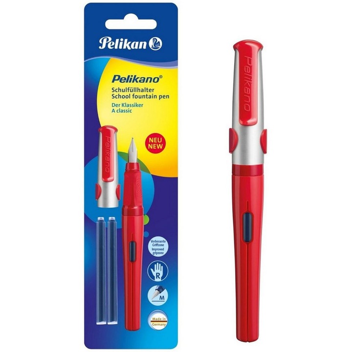 Писалка Pelikan Pelikano, За дясна ръка (R), Иридиев връх М, Два пълнителя, Grip, Стомана, Blister, Гладко писане, Червен