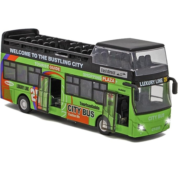 Autobuz etajat, Metalic, scară 1:32, Sunet și lumină, Multicolor, Fără cutie