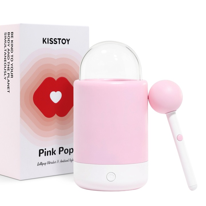 Mini vibrostimulator Pink Pop 2 in 1 de la Kisstoy, masaj pentru clitoris si lampa de noapte de design, 10 moduri de vibratie, rezistent la apa, silicon, incarcare wireless