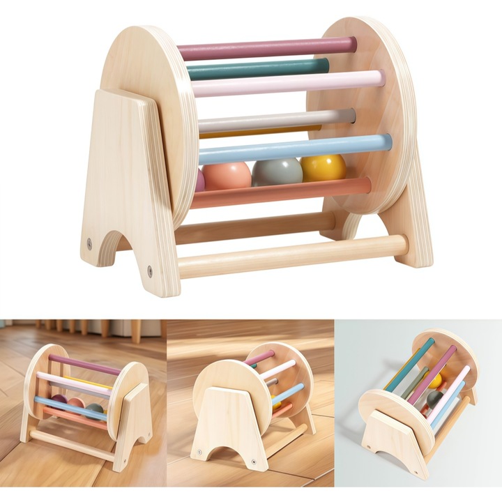 Interaktív Montessori játék, fa, 0-6 hónapos korig, többszínű