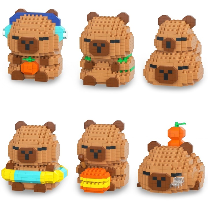 Set 6 de microblocuri de constructie, XONGSOR, Capibara, 2120 piese, maro