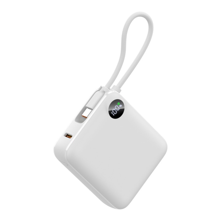 Baterie externa Voltres ChargeGO, 10000mAh, 22.5W, Cablu USB-C 15cm inclus, Port USB-C, Port USB-A, Acumulator Extern Incarcare Rapida, Compatibil Apple, Samsung, Alb