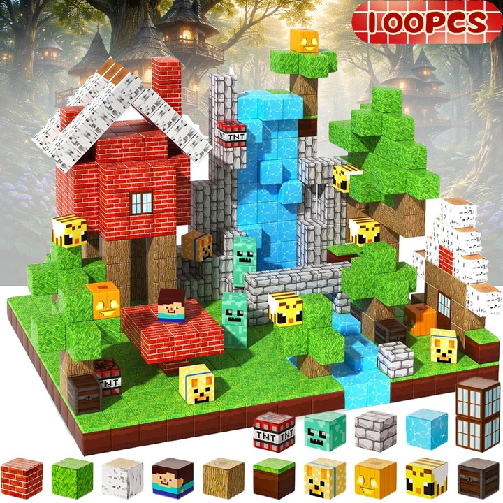 Blocuri de constructii magnetice 100 bucati, Tressino, Compatibil 3D, Dezvolta creativitatea, Magnetism puternic, Ideal pentru educatie STEM si jocuri interactive, Cuburi de stivuit, Dimensiune patrata 2cm, Copii 4+ Ani, Culori variate