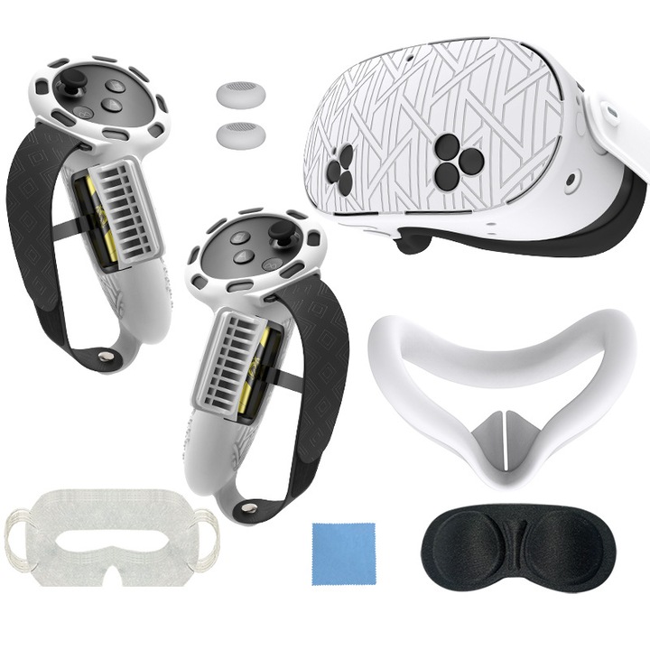Set 7 accesorii silicon Fantasy pentru Meta Quest 3, negru/alb, rezistent la apa si zgarieturi
