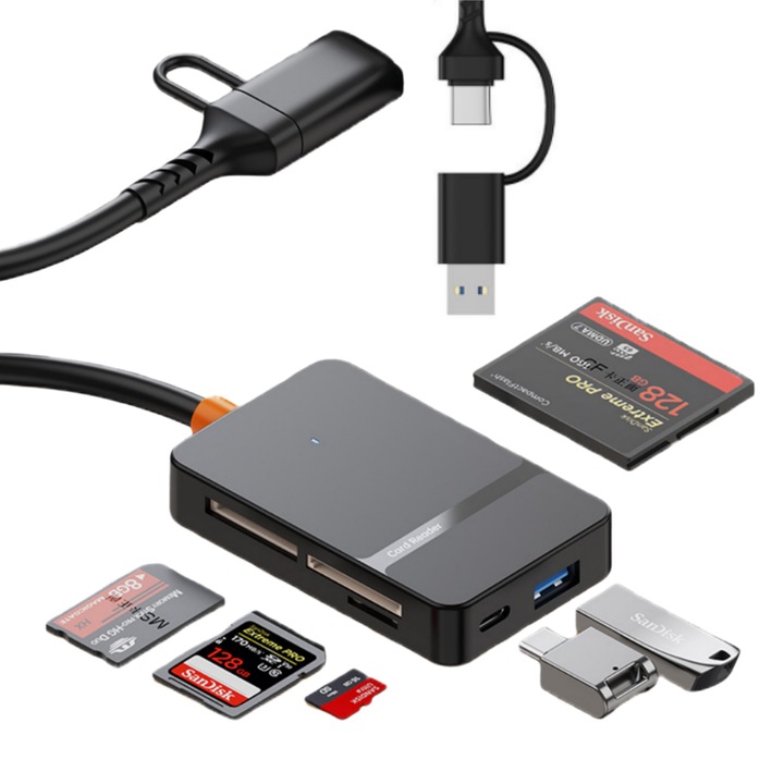 Cititor De Card 8 In 1, Fantasy, Adaptor OTG - Suporta interfete Tip-C 3.0 si USB-A 3.0, 4 sloturi, SD/MicroSD/MS/CF/TF si 2 sloturi pentru carduri Tip-C/USB-A, 5Gbps, compatibil cu Apple/Samsung/Huawei/Xiaomi/HP/Lenovo/Honor, maxima 2 TB, Negru