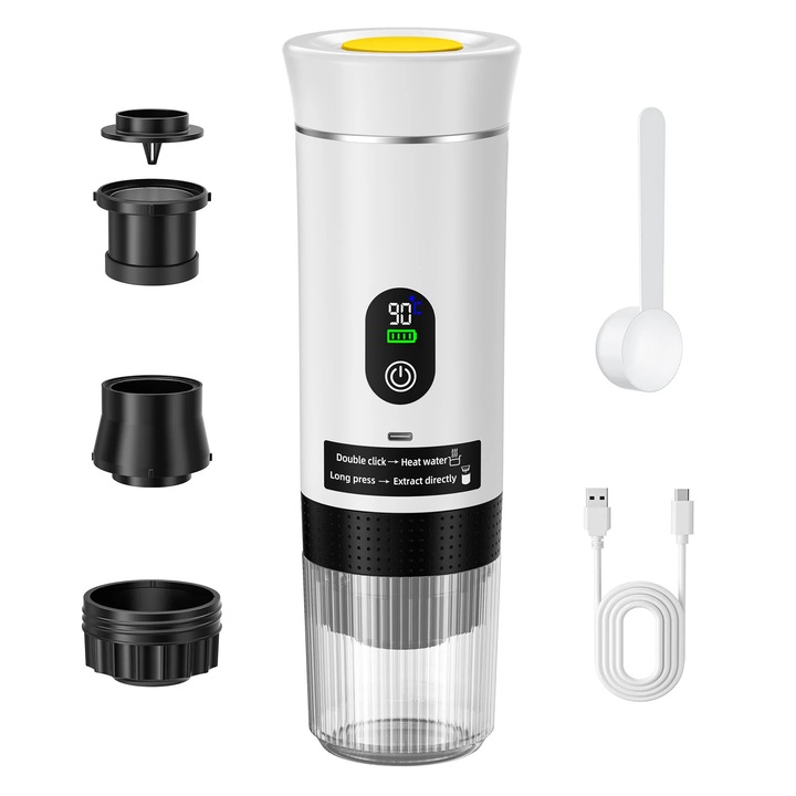 Espressor, Cafetiera portabila, Fara fir, Pentru masina si acasa, Calatorie & camping, 3‑in‑1 capsule & cafea macinata, Fara baterie inclusa, Alb