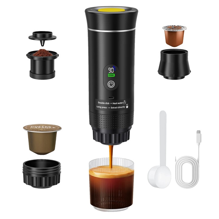 Espressor portabil, 20-bar, negru, 80x150ml, 7500mAh