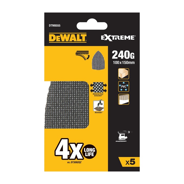 Foi abrazive DeWALT 240 GR, 10.5x17.5cm, set 5 bucăți, velcro, pentru lemn și metal