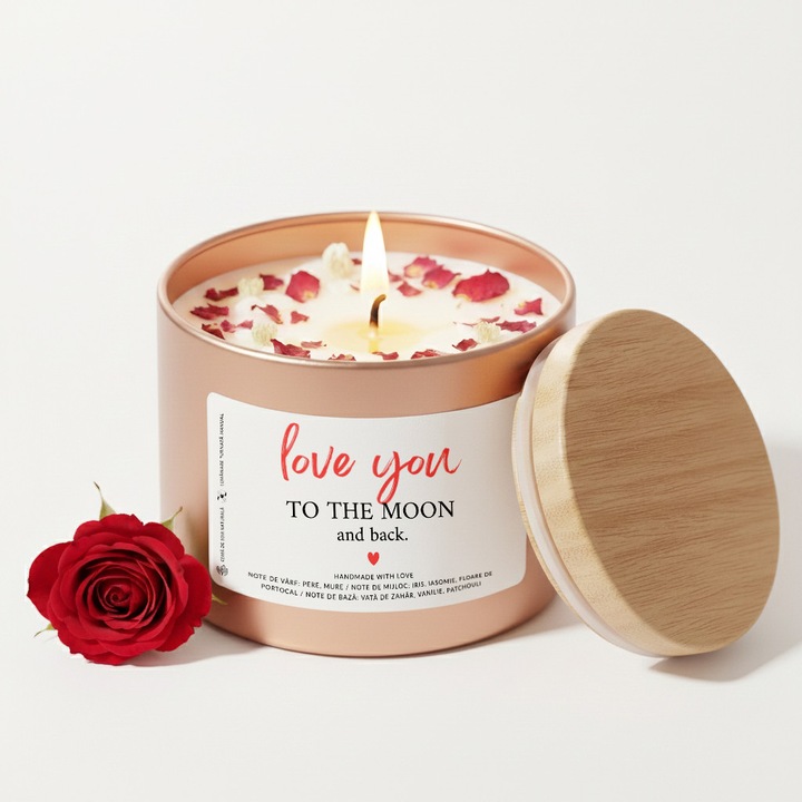 Lumanare parfumata BUNILU, mesaj iubire Love You, borcan metalic 118ml, parfum floral, culoare sampanie