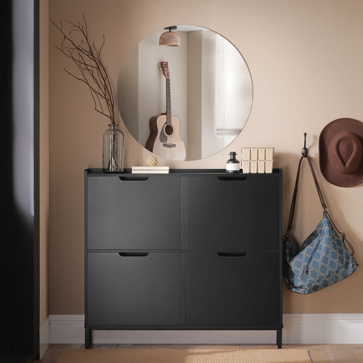 Raft pentru incaltaminte, 4 compartimente pliabile, design compact, negru, 100x90x19cm