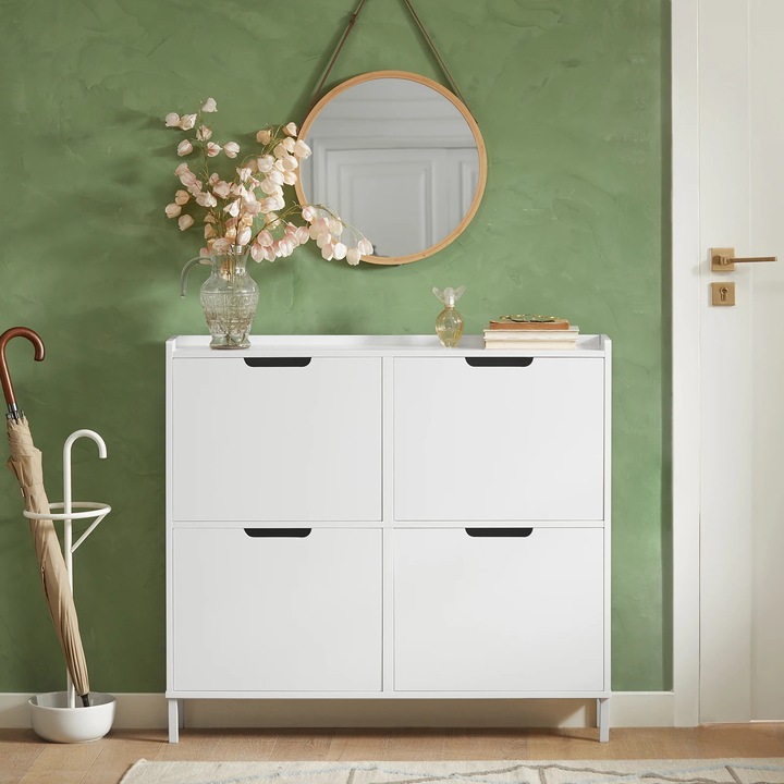 Cipőtároló szekrény, 4 összecsukható rekesszel, kompakt kialakítás, fehér, 100x90x19cm