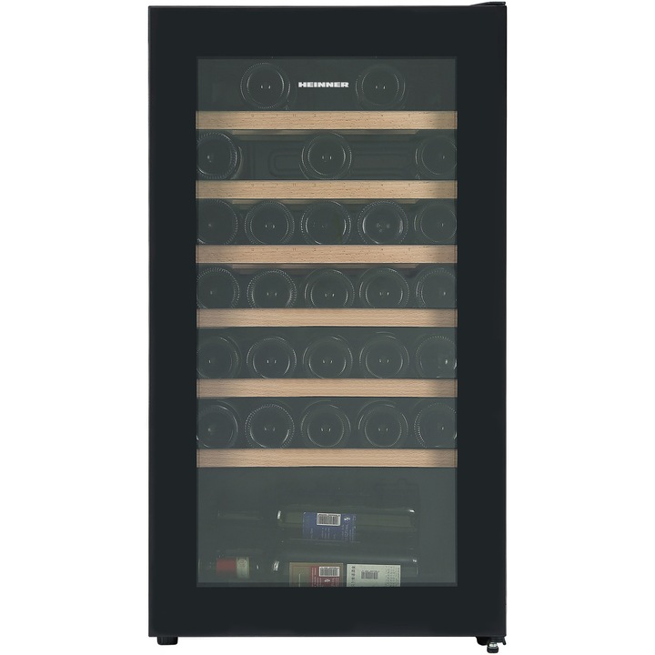Охладител за вино Heinner HRV-A85DRL34, 85 л/34 бутилки, Клас G, Дигитален дисплей, Тъч контрол, Температурен диапазон 5~20°C, LED осветление, 6 дървени рафта, Реверсивна врата, Врата с двоен стъклопакет, Черен