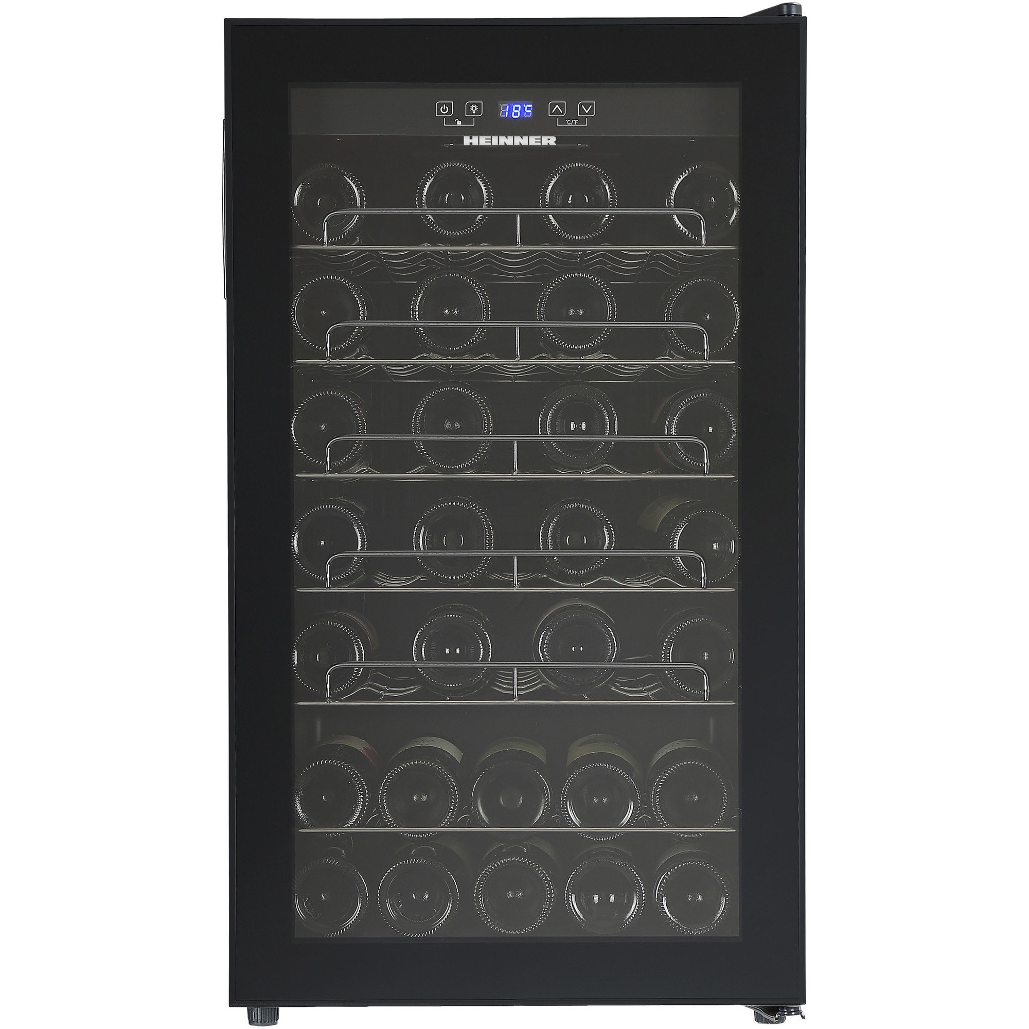 Racitor de vinuri Heinner HRV-A118DRM40, 118 l / 40 sticle, Clasa G, Display digital, Control tactil, Interval setare temperatur 5~20°C, Lumina led, 5+1 rafturi cromate, Usa revers