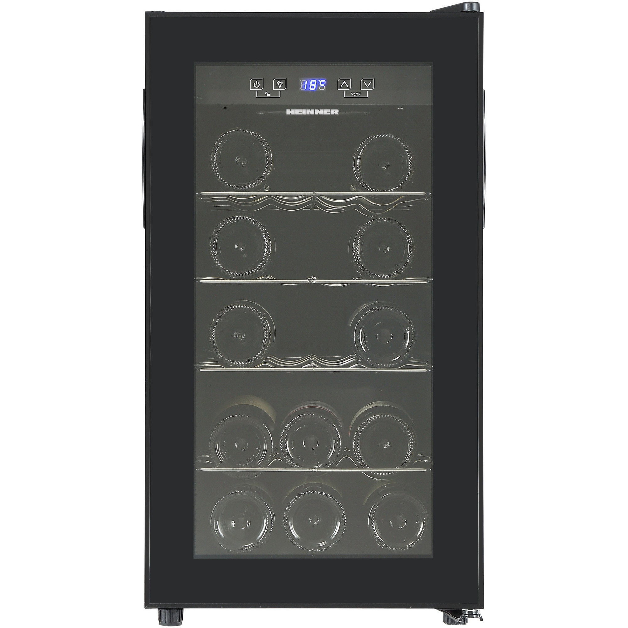 Racitor de vinuri Heinner HRV-A52DRM18, 52 l / 18 sticle, Clasa G, Display digital, Control tactil, Interval setare temperatur 5~20°C, Lumina led, 4 rafturi cromate, Usa reversibil