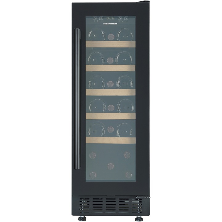 Охладител за вино за вграждане Heinner HRV-ABI56DRL20, 56 л/20 бутилки, Клас G, Дигитален дисплей, Тъч контрол, Температурен диапазон 5~20°C, LED осветление, 5 дървени рафта, Реверсивна врата, Врата с двоен стъклопакет, Черен