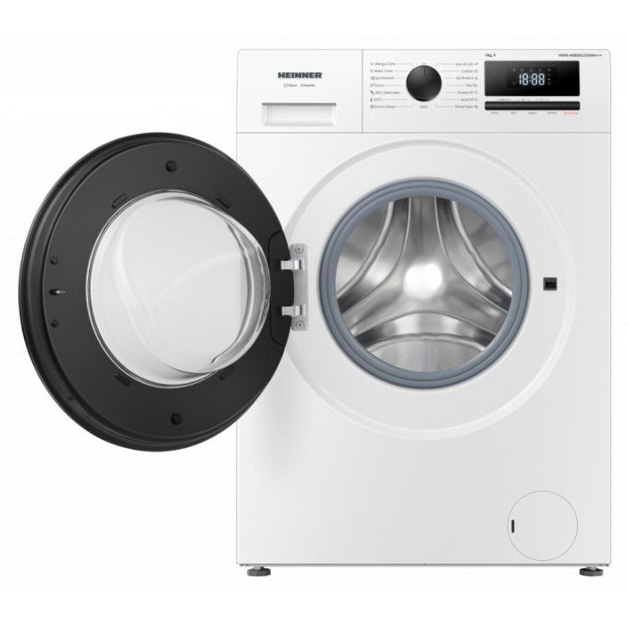 Masina de spalat rufe slim Heinner HWM-HME6012IVSMA+++, 6 kg, 1200 rpm, Clasa A, Motor inverter, 15 programe, Display digital, Program rapid 15 min, Program allergy steam, Program baby steam care, Functie adaugare rufe, Blocare acces copii, Alb