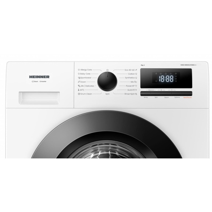 Masina de spalat rufe slim Heinner HWM-HME6012IVSMA+++, 6 kg, 1200 rpm, Clasa A, Motor inverter, 15 programe, Display digital, Program rapid 15 min, Program allergy steam, Program baby steam care, Functie adaugare rufe, Blocare acces copii, Alb