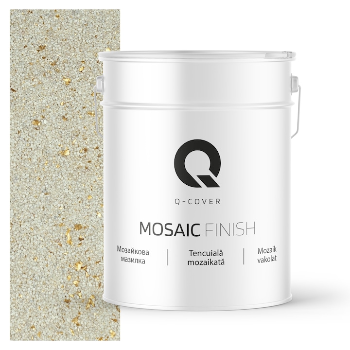 Tencuiala mozaicata, Q-Cover, Alb cu mica aurie M08, acoperire excelenta, putere mare de acoperire, rezistenta buna la intemperii, aplicare si intretinere usoara, pe baza de rasina acrilica pura, 12,5KG