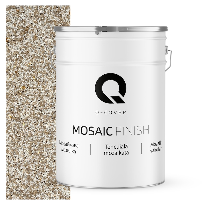 Tencuiala mozaicata, Q-Cover, Bej cu mica aurie M64, acoperire excelenta, putere mare de acoperire, rezistenta buna la intemperii, aplicare si intretinere usoara, pe baza de rasina acrilica pura, 25KG