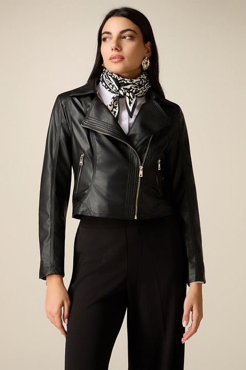 Oltre, Jacheta biker de piele ecologica cu buzunare cu fermoar, Negru