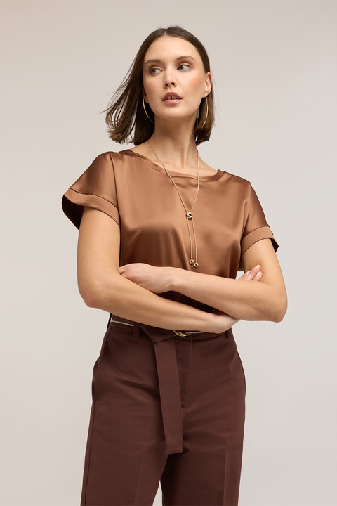 Motivi, Bluza asimetrica cu segment din satin pe partea din fata, Maro scortisoara