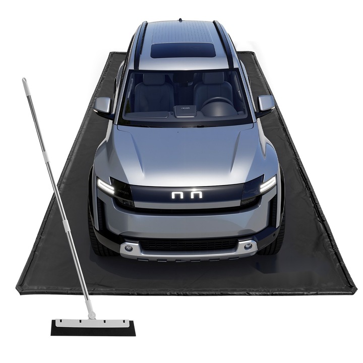 Covoraș auto pentru garaj, PVC, antiderapant, impermeabil, 2.4x4.9m, negru, set cu racletă de curățare