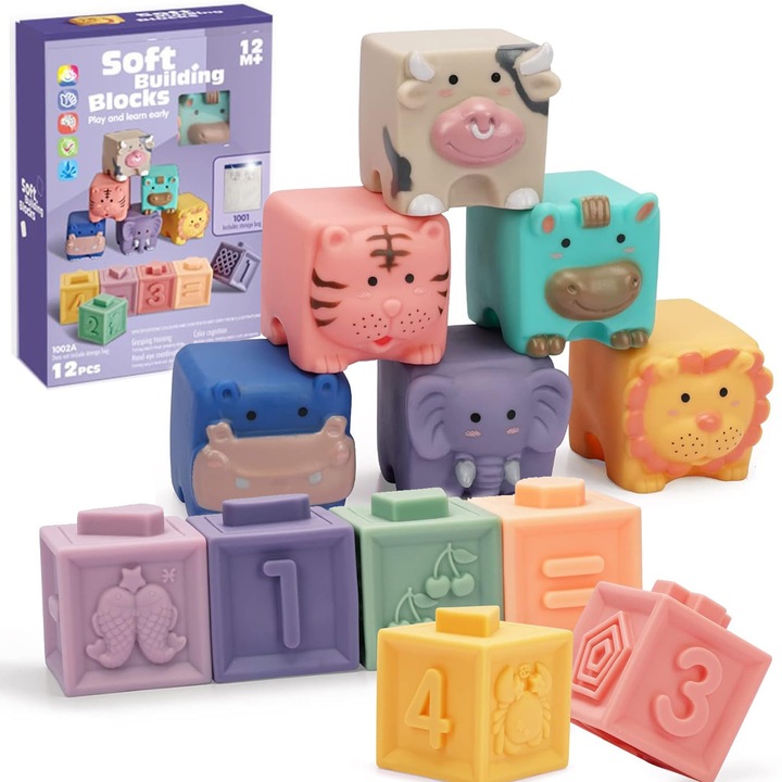 Jucarie Montessori pentru copii, cu animale si numere, blocuri moi, potrivita pentru 12 luni si 2 ani, pentru baieti si fete, ideala pentru eruptia dentara si stoarcere