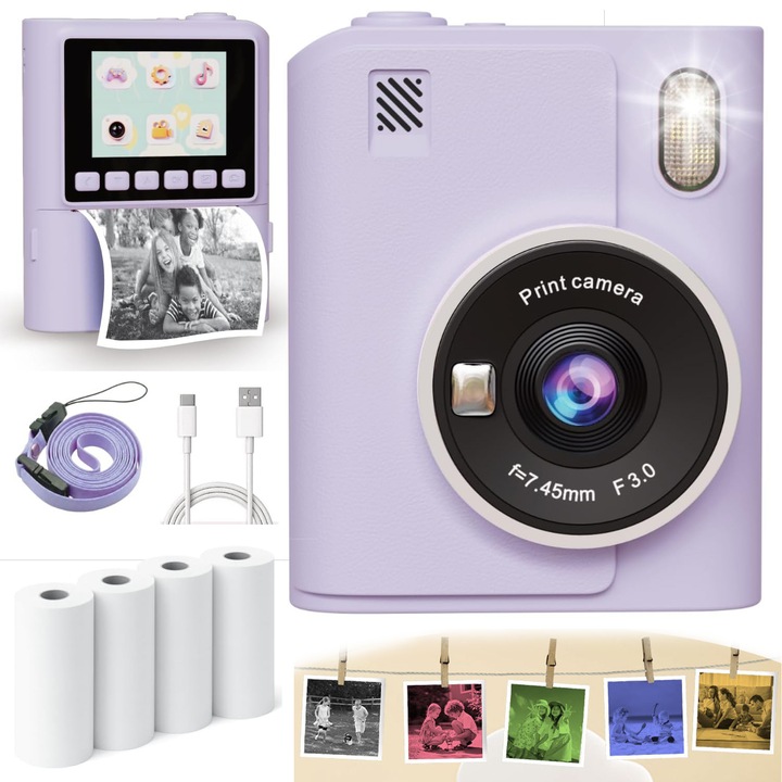 Инстантен фотоапарат за деца, 1080P, функции за снимки и печат, 2.4 инчов екран, 1300 mAh батерия, 4x ролки хартия, 6x цветни маркера, преносима играчка, подходяща за момичета на възраст 4-10 години