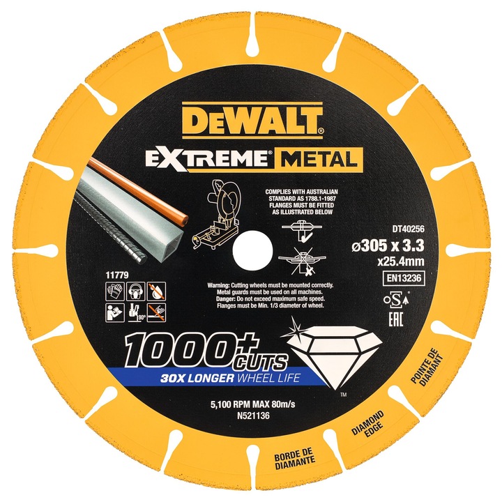 Disc diamantat DeWALT EXTREME 305x22.2x1.3 mm pentru otel/aluminiu/metale