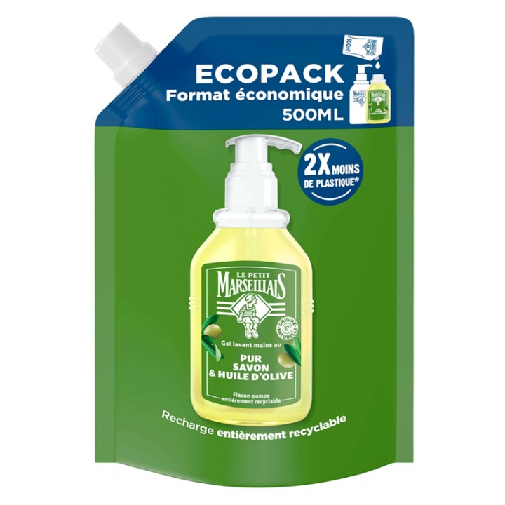 Почистващ гел за ръце Le Petit Marseillais, с чист сапун и зехтин, еко резерв 500 мл
