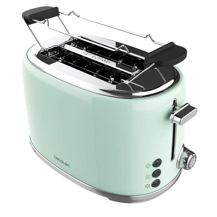 Prajitor de paine Cecotec Toast&Taste 1000 Retro Double, 980W, 2 fante late, otel inoxidabil, capacitate 2 felii, Verde