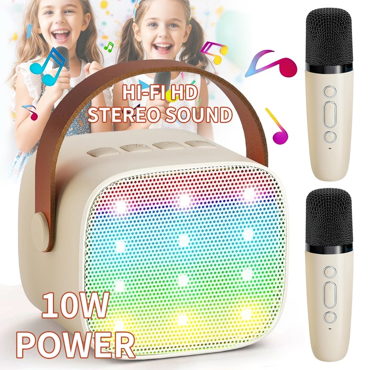 Set Boxă Bluetooth Karaoke, Tressino, 2 Microfoane Wireless, Sunet HiFi, Alb, 90x70x65mm