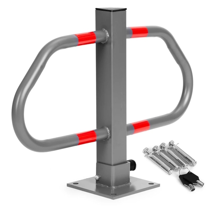 Blocator Parcare Pliabil idealSTORE, Dimensiuni 70.5x18x50CM, Fixare pe Sol, Constructie Metalica, Sistem Pliabil Manual, Inchidere Sigura cu Cheie, Benzi Reflectorizante, Design Compact, Elemente de Fixare Incluse, Potrivit Pentru Parcari Rezidentiale