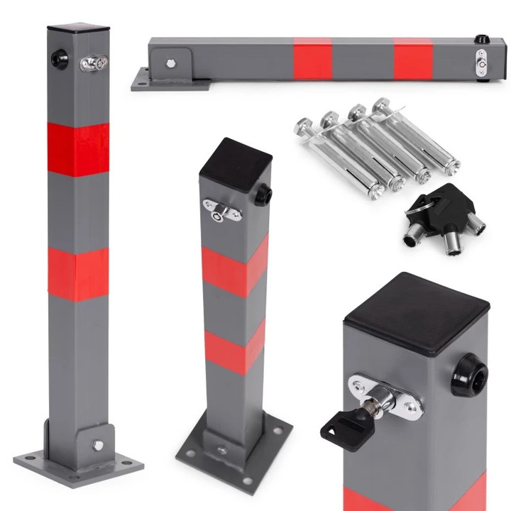 Blocator Parcare Pliabil Tip Stalp idealSTORE, Dimensiuni 13x13x60CM, Fixare pe Sol, Constructie Metalica, Sistem Pliabil Manual, Inchidere Sigura cu Cheie, Benzi Reflectorizante, Design Compact, Elemente de Fixare Incluse